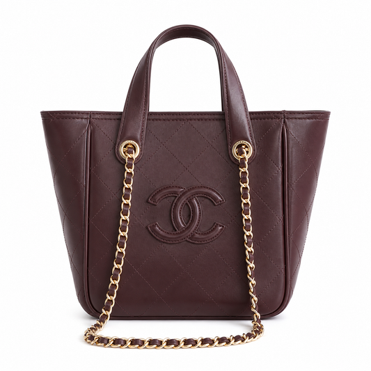 Chanel Small Shopping Tote Burgundy Oxblood Quilted Lambskin | Embossed CC & Gold Chain — 21cm