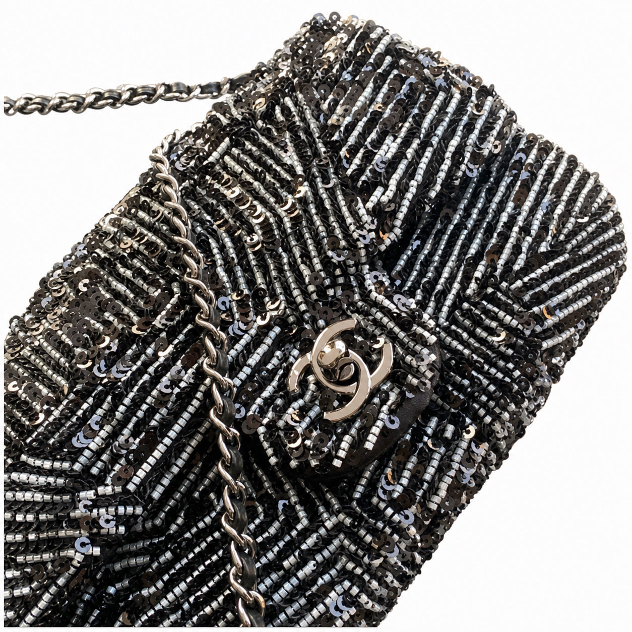 Chanel Small Flap Bag Black Micro-Bead & Sequin Hand-Embroidered Chevron | Ruthenium Chain — 20cm