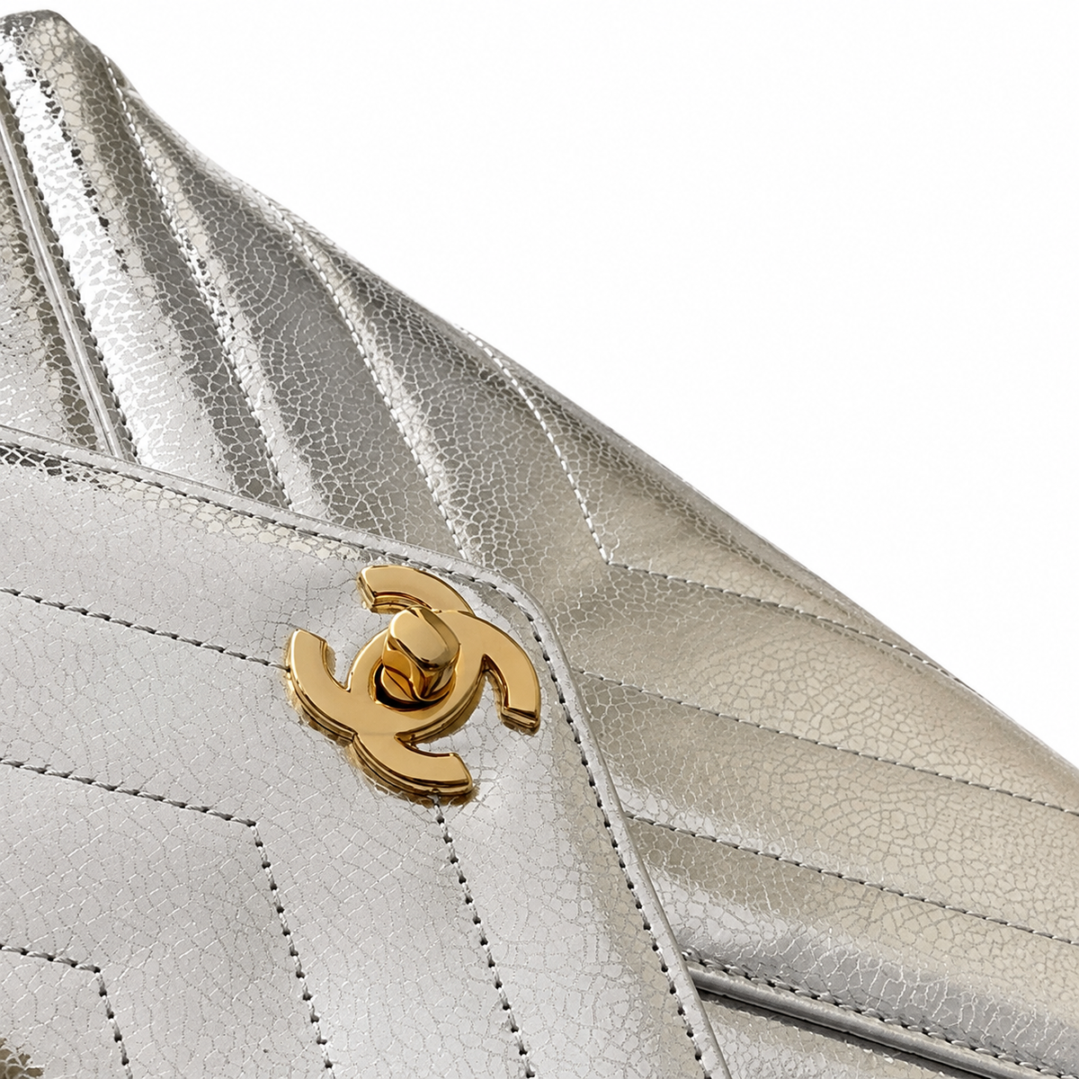Chanel Silver Crinkled Metallic Envelope Bag | Chevron Quilting, Gold CC & Top Handle
