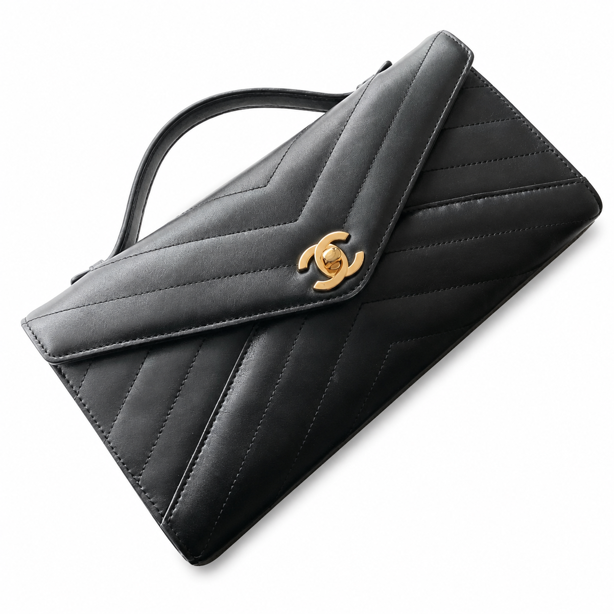 Chanel Black Chevron-Quilted Lambskin Envelope Bag | Gold CC & Deep Red Interior