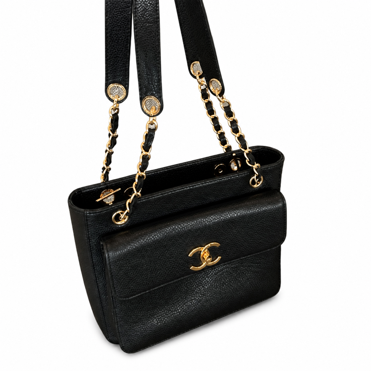 Chanel Black Caviar Open-Top Tote | Built-In Front CC Flap Pocket & Gold Chain Straps — 26cm