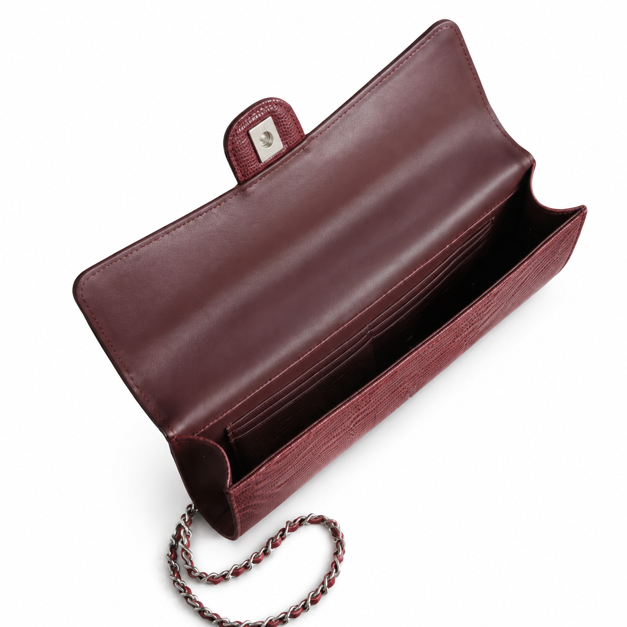Chanel Cherry Red Lizard-Embossed Baguette Flap Bag | Top Handle & Red-Threaded Silver Chain