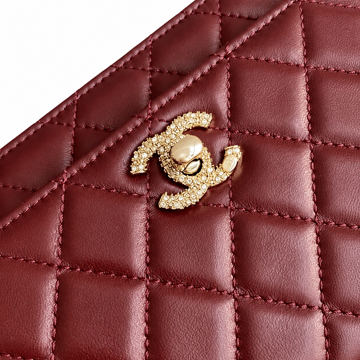 Chanel Burgundy Quilted Lambskin Flap Bag | Pavé Crystal & Pearl CC Turn-Lock, Gold Leaf Motif & Rigid Top Handle