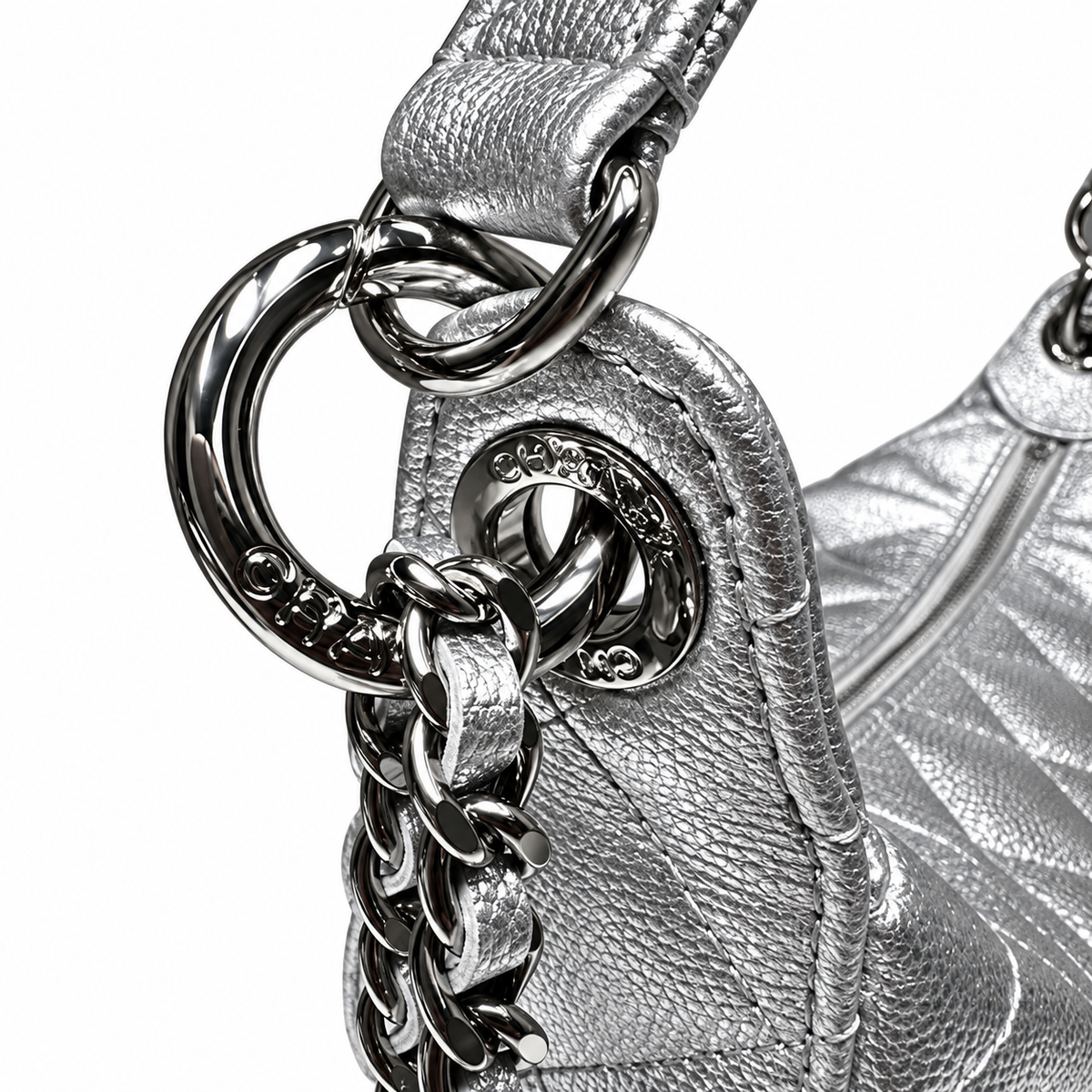 Chanel Crescent Hobo Quilted Metallic Caviar Silver Leather Handle 22cm
