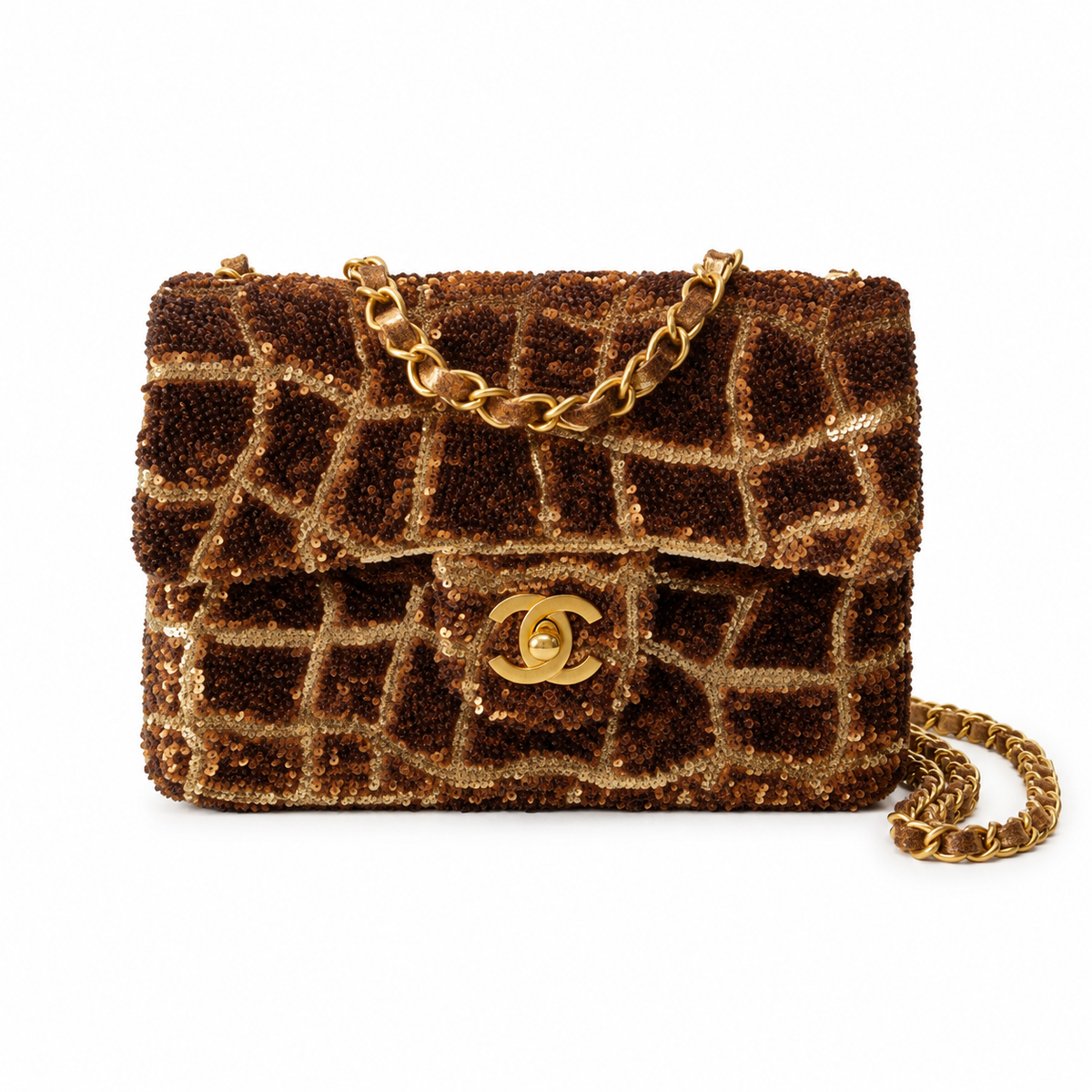 Chanel Chocolate Seed Bead & Champagne Gold Sequin Giraffe-Print Flap Bag | Antique Gold CC & Brown Leather Chain