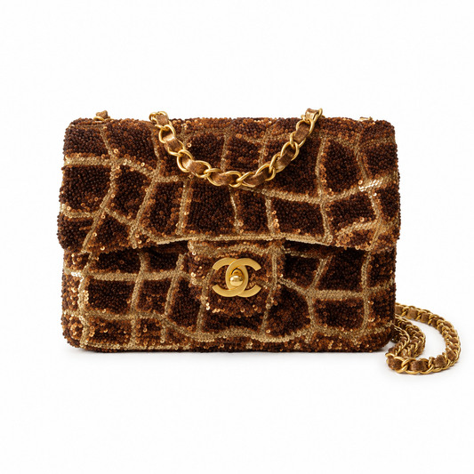 Chanel Chocolate Seed Bead & Champagne Gold Sequin Giraffe-Print Flap Bag | Antique Gold CC & Brown Leather Chain
