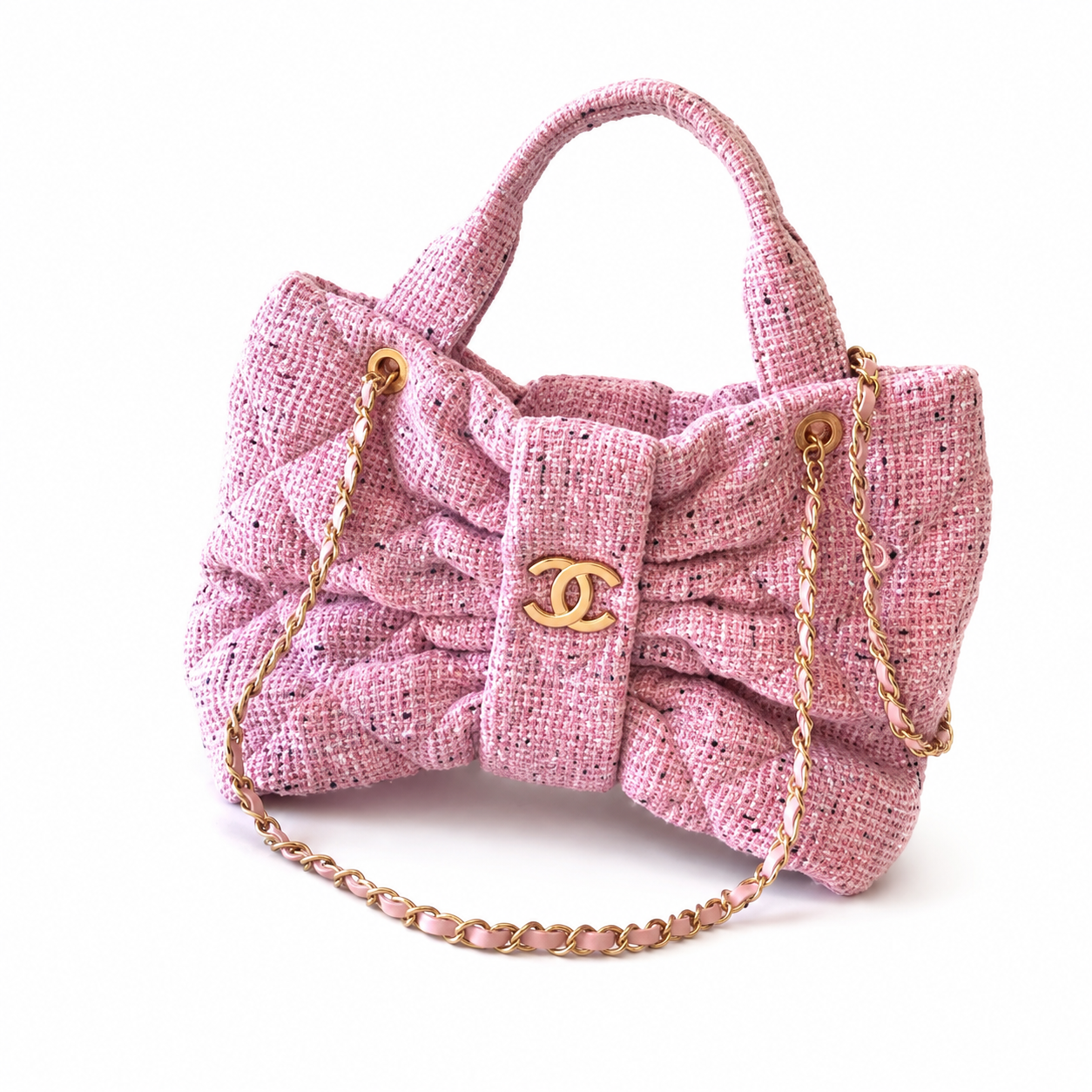 Chanel Pink Bouclé Tweed Large Shopping Tote | CC Gold Chain Pink — 29x38cm