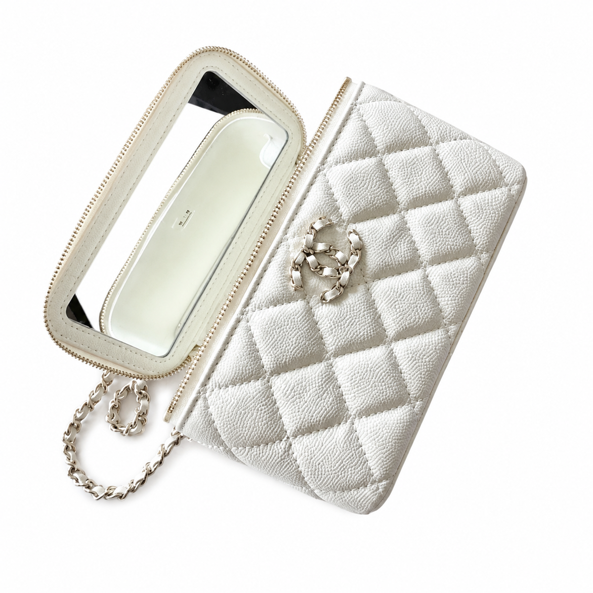 Chanel White Diagonal Quilted Caviar Vanity Box Bag | Silver CC Chain