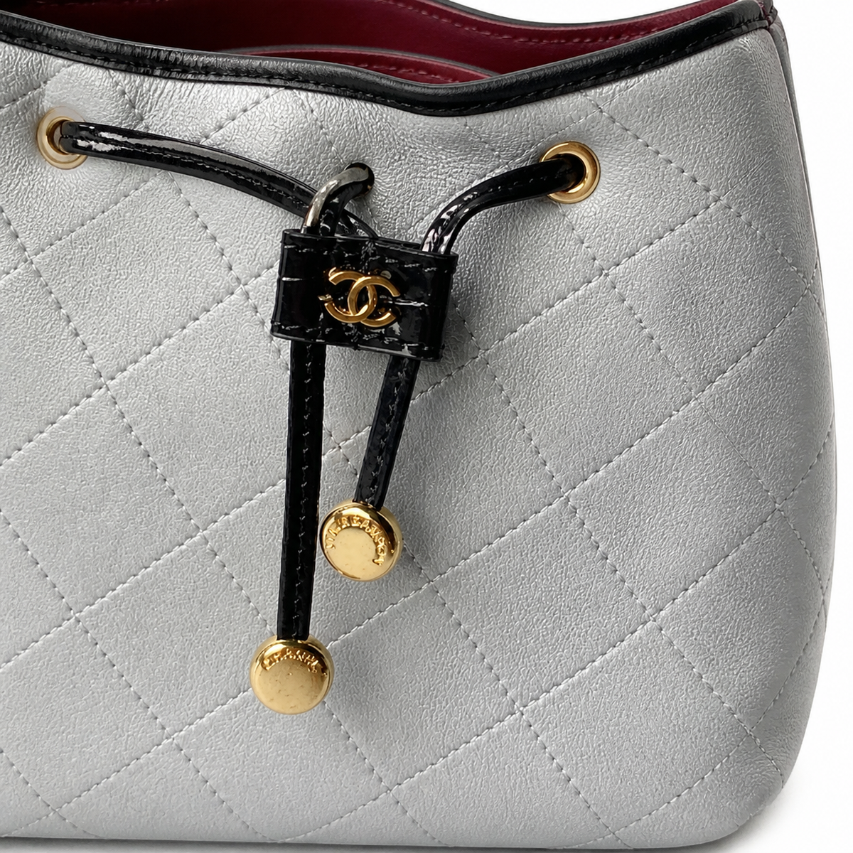Chanel Bucket Bag Metallic Silver Quilted Lambskin | Ruthenium Hardware & Burgundy Interior — 23cm
