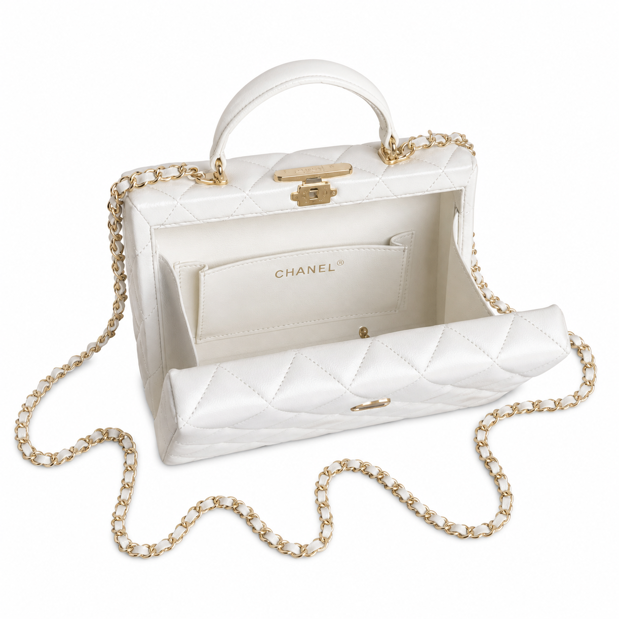 Chanel Mini Quilted Flap Bag White Lambskin | Black Enamel CHANEL Bar Clasp — 18cm