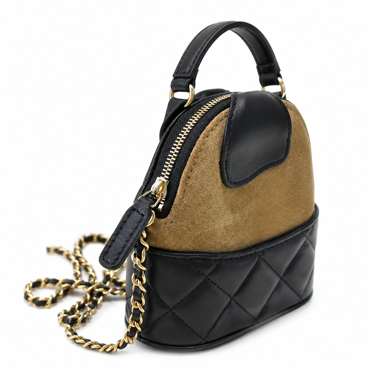 Chanel Black Quilted Lambskin Mini Bucket Bag | D-Ring Top Handle, Bare Gold Chain & Oval Quilted Base