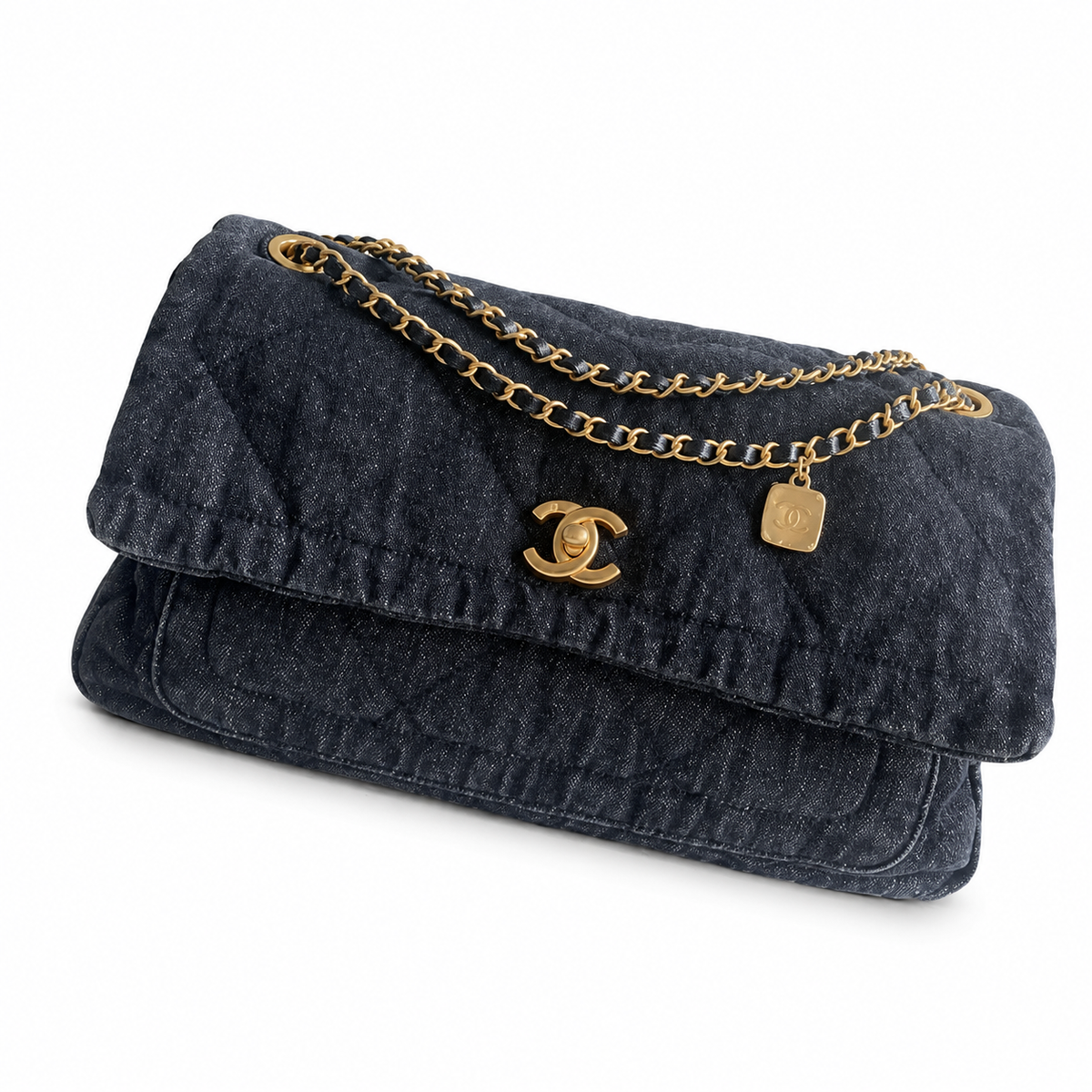 Chanel Denim Quilted Flap Bag | CC Turn-Lock Gold Chain Navy — 35x24cm