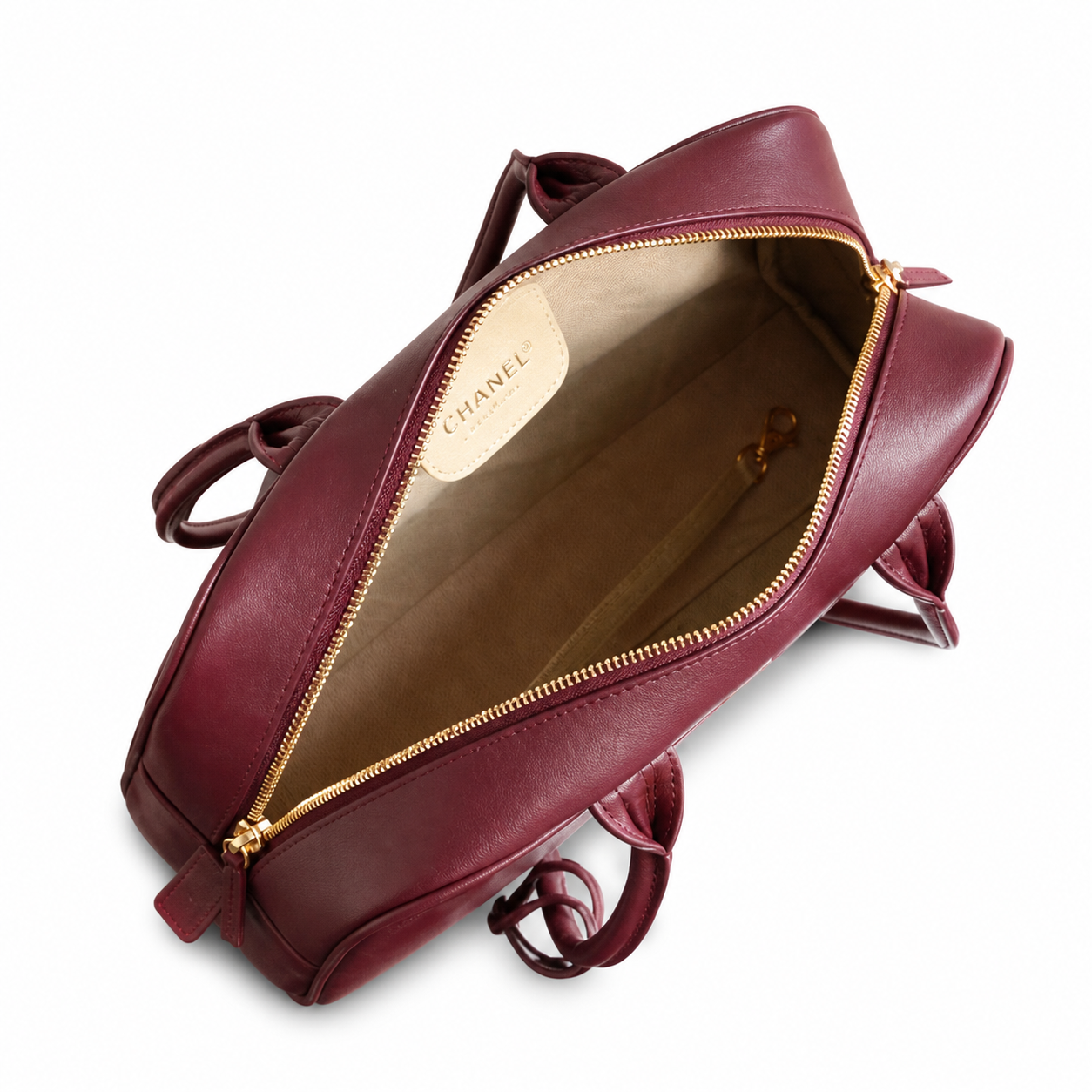 Chanel Bowling Bag Burgundy Embossed Lambskin | Logo-Minimal & Cream Interior — 29cm