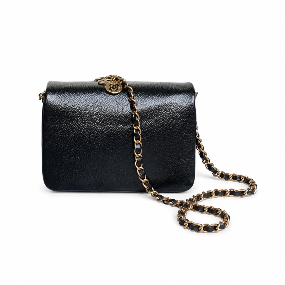 Chanel Mini Flap Bag Black Caviar Leather | Double CC Charm & Aged Gold CC — 17.5cm