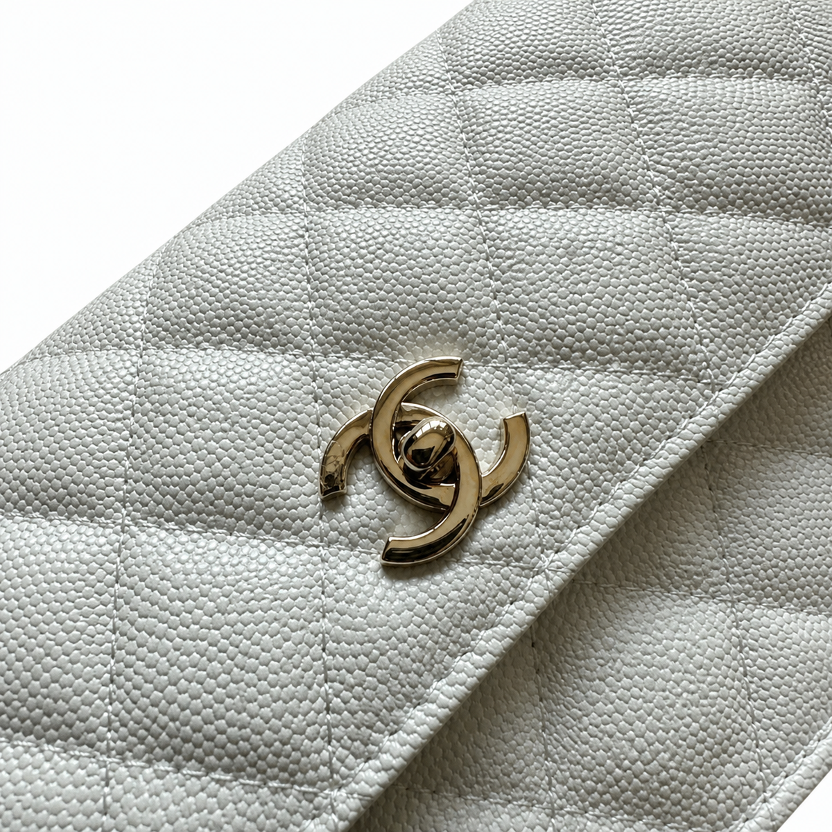 Chanel Wallet on Chain WOC White Caviar | Light Gold CC Clasp & Silver Chain — 19cm