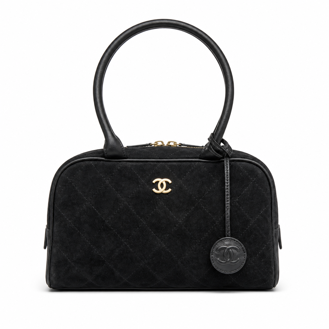 Chanel Bowling Bag Black Diamond-Quilted Suede | Elongated Barrel & Gold Full-Length Zip — 29cm