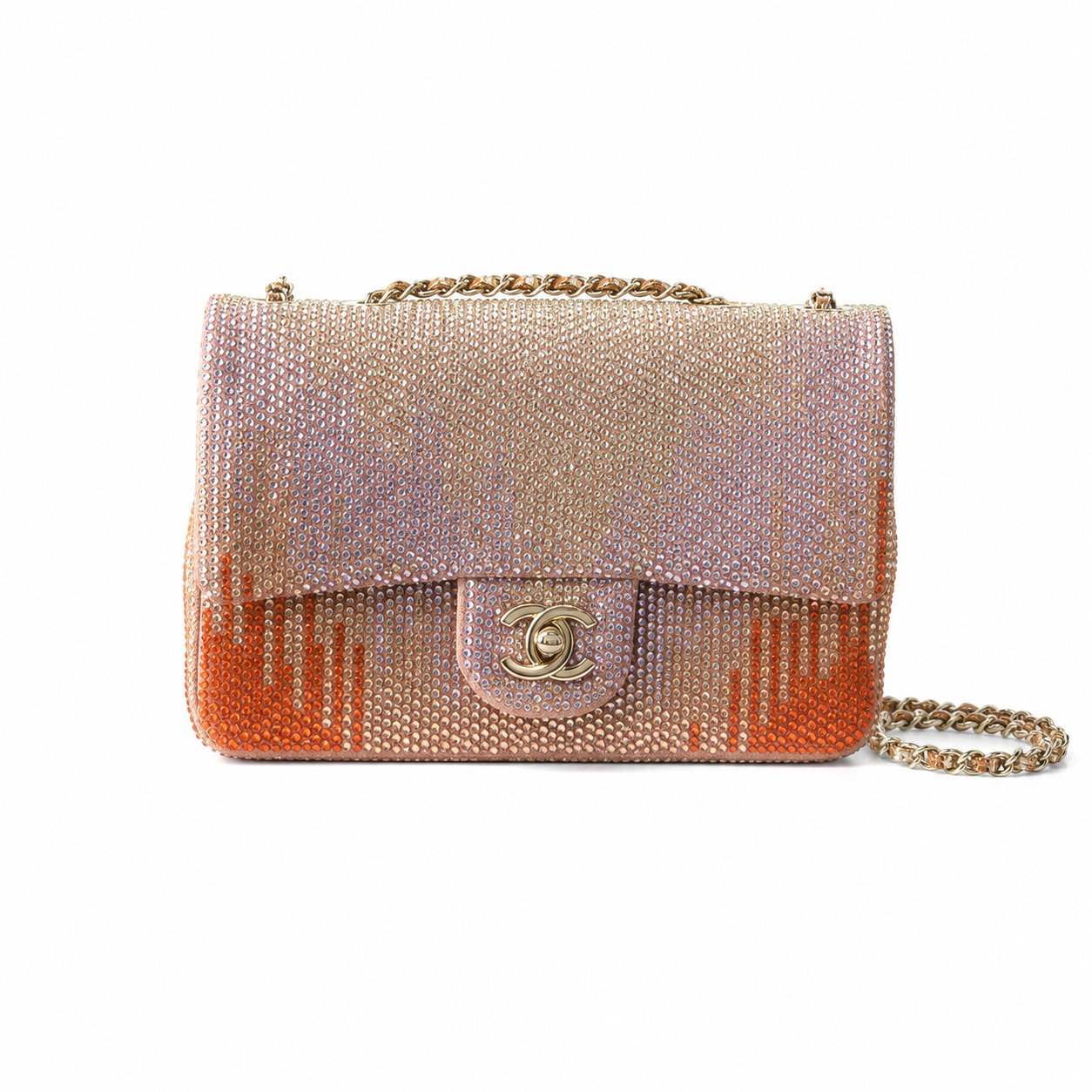 Chanel Coral Drip Ombré Full Crystal Pavé Flap Bag | Champagne Pink to Pearl White & Chunky Gold Chain