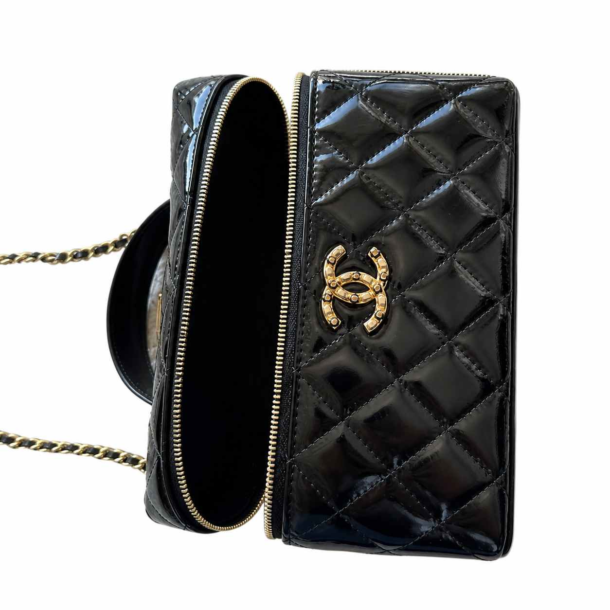 Chanel Pearl & Camellia CC Vanity Pouch Black Patent | Jewelled Gold CC & Chain — 19cm