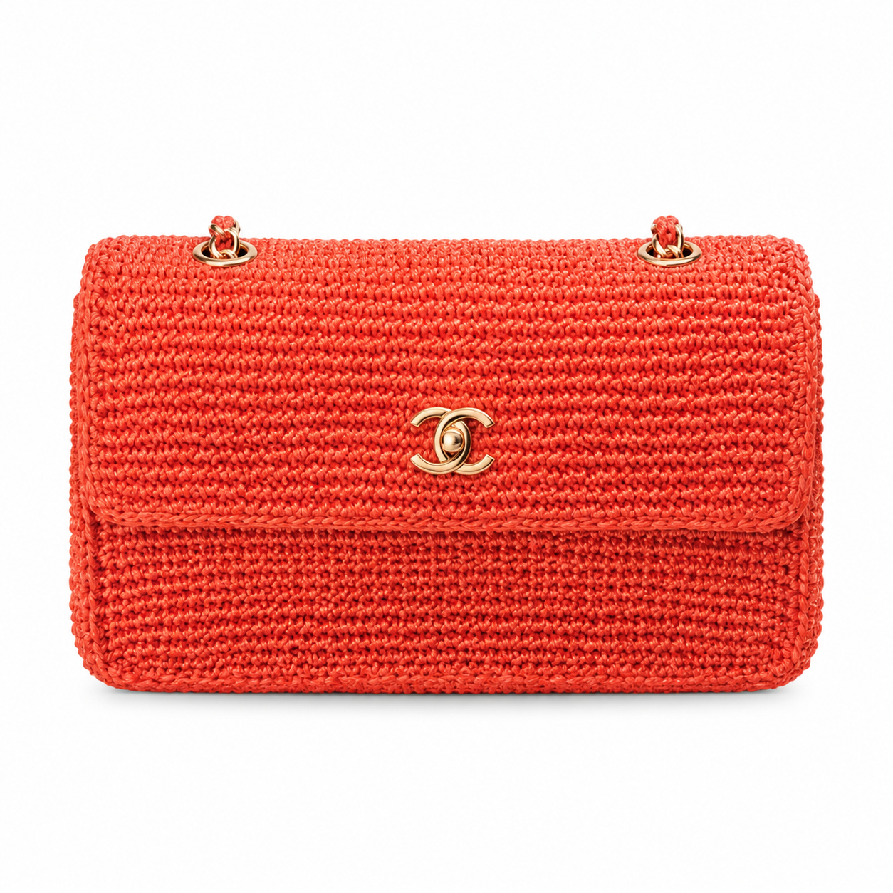 Chanel CC Raffia Woven Flap Bag | Orange-Red & Gold Chain — 25cm