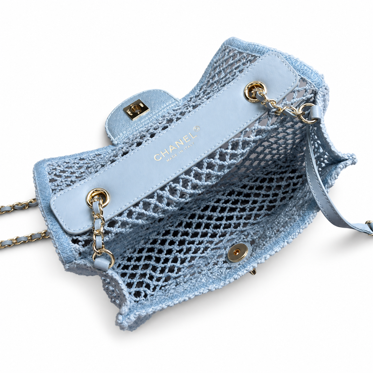Chanel Pale Blue Open-Weave Crochet Classic Double Flap | Gold CC — 21cm