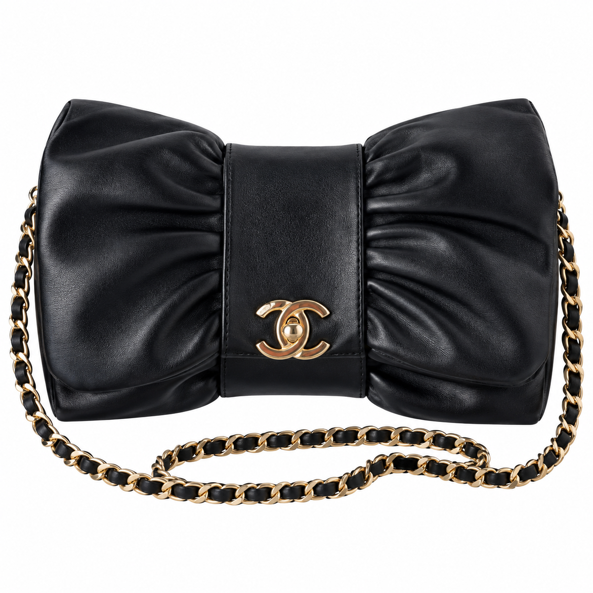 Chanel Bow Bag Ruched Lambskin Chain Shoulder Bag Black 22cm