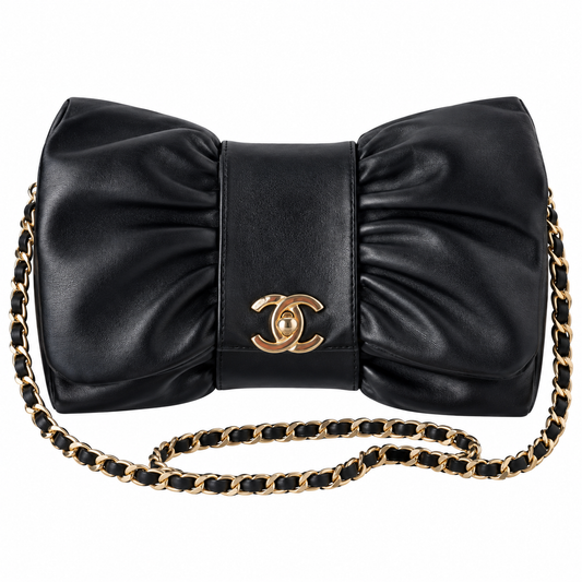 Chanel Bow Bag Ruched Lambskin Chain Shoulder Bag Black 22cm