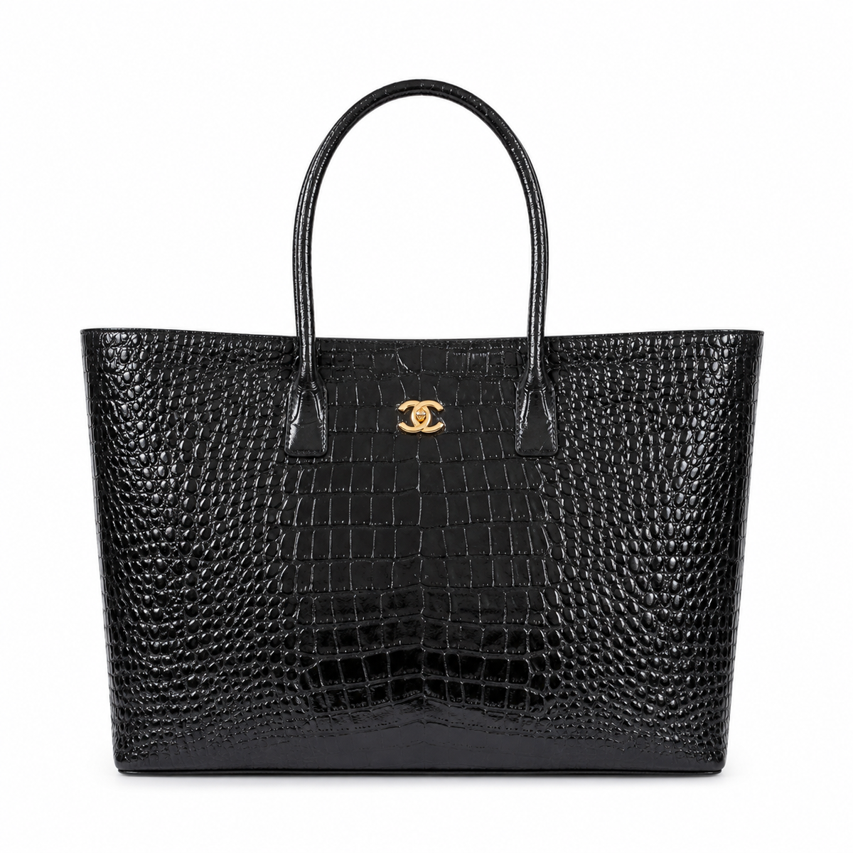 Chanel Black High-Gloss Croc-Embossed Large Shopping Tote | Gold CC Turn-Lock & Chain Zip Pocket