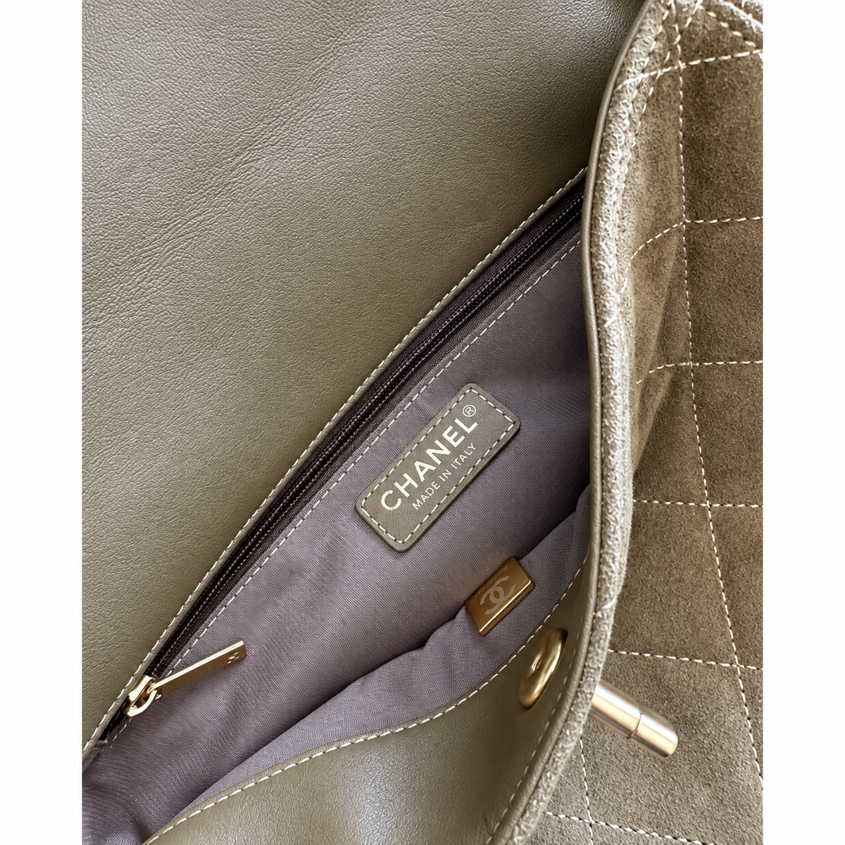 Chanel Quilted Suede CC Turn-Lock Flap Bag Khaki 30×25×7cm