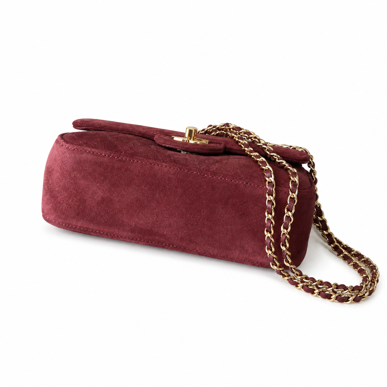 Chanel Classic Single Flap Bag Deep Burgundy Quilted Suede | Matte Gold CC Turn-Lock — 20cm