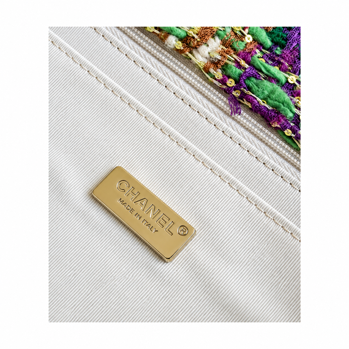 Chanel Tweed Bead Embellished Flap Bag Purple Green 21×33×10cm