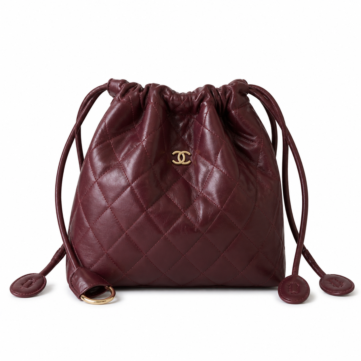 Chanel Burgundy Quilted Lambskin Drawstring Bucket | Tonal CC Coin Discs & Gold CC — 22cm