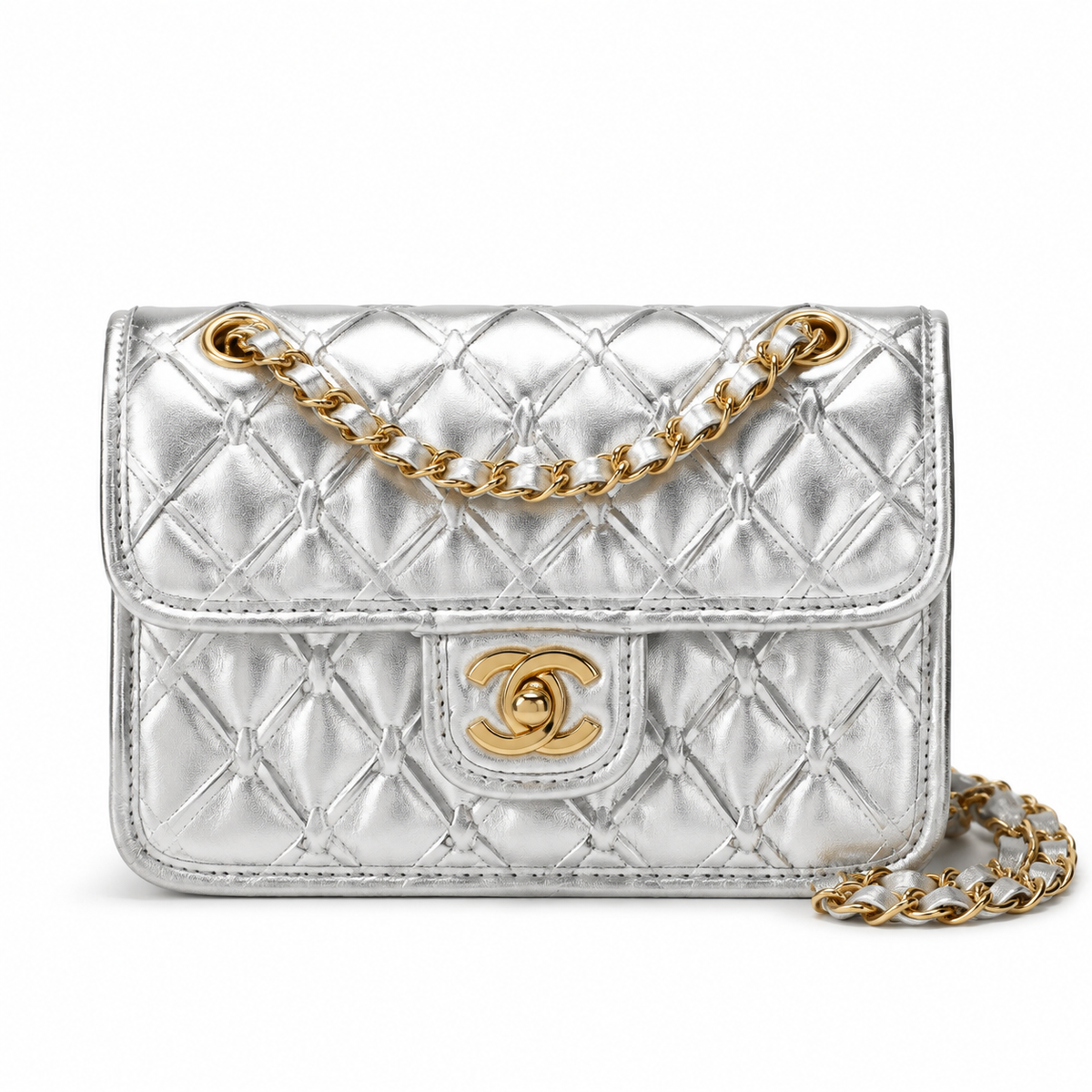 Chanel Silver Crinkled Metallic Quilted Small Flap Bag