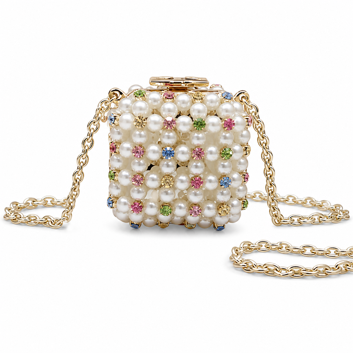 Chanel Cream Pearl Minaudère Box Bag | Rhinestones & Pearl-Interwoven Chain — 8cm