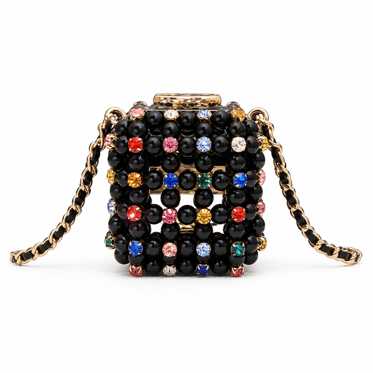 Chanel Black Pearl Minaudère Box Bag | Multicolor Rhinestones & Gold CC — 8cm