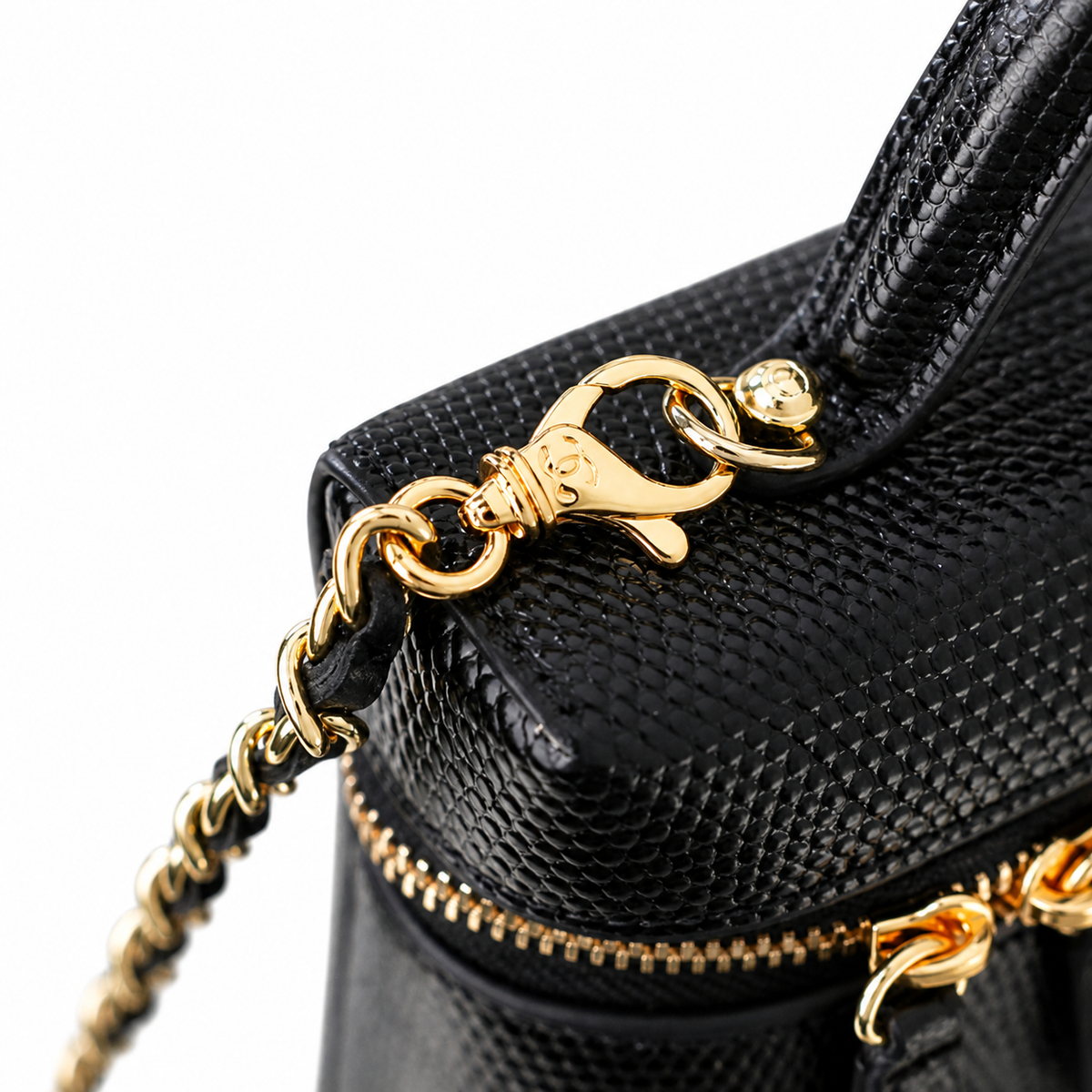 Chanel Black Iridescent Lizard-Embossed Vanity Case | Double Gold Chain — 18cm