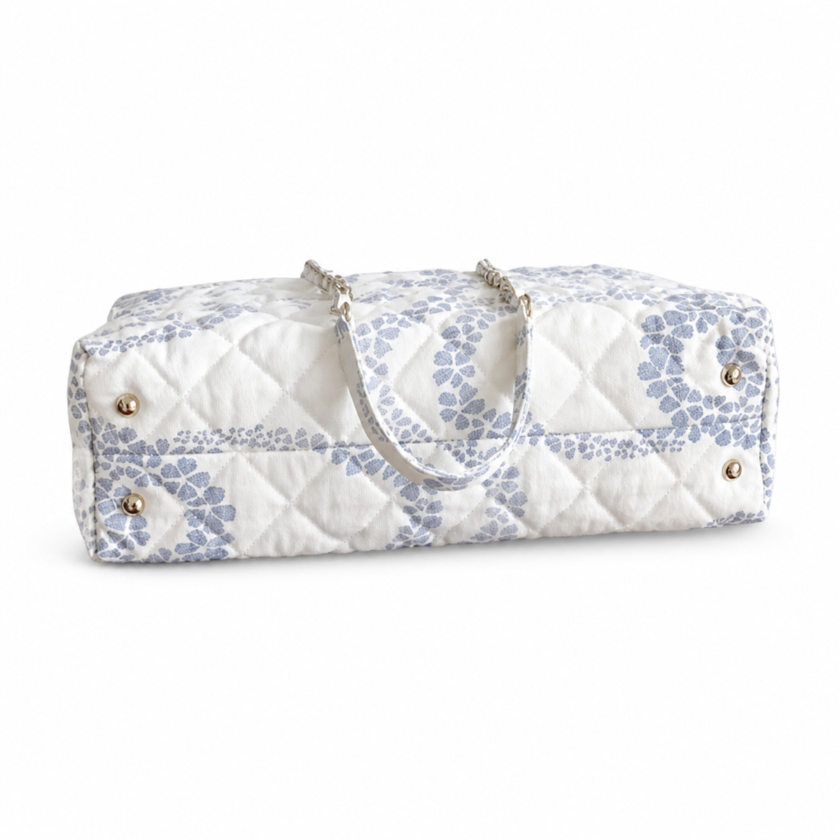 Chanel White & Blue Floral Jacquard Quilted Shopping Tote | White-Rimmed Gold CC Turn-Lock & Gold Chain Shoulder Strap