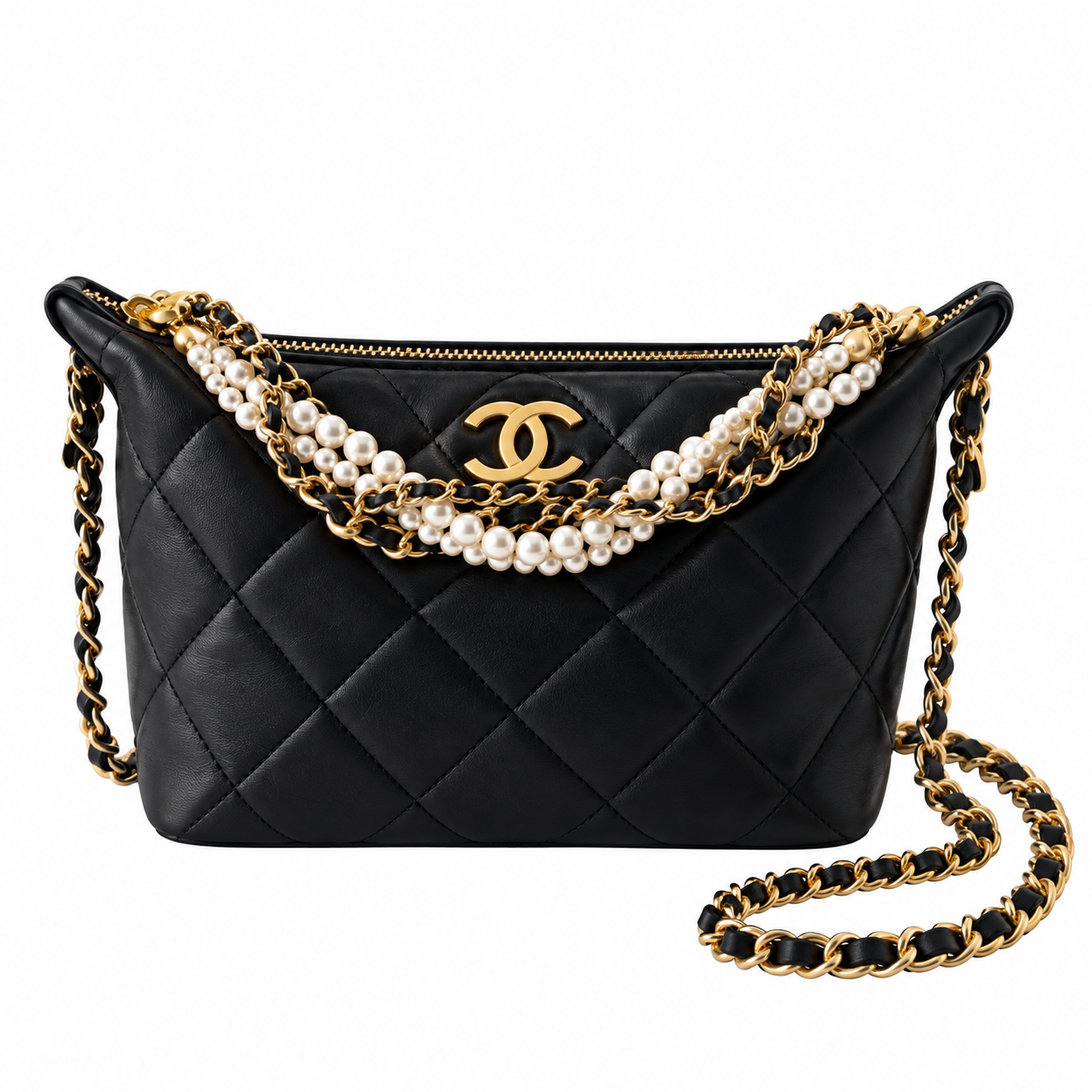 Chanel Quilted Zip Hobo Bag Black 13×23.5×7.5cm