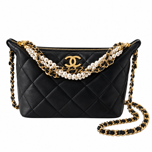 Chanel Quilted Zip Hobo Bag Black 13×23.5×7.5cm