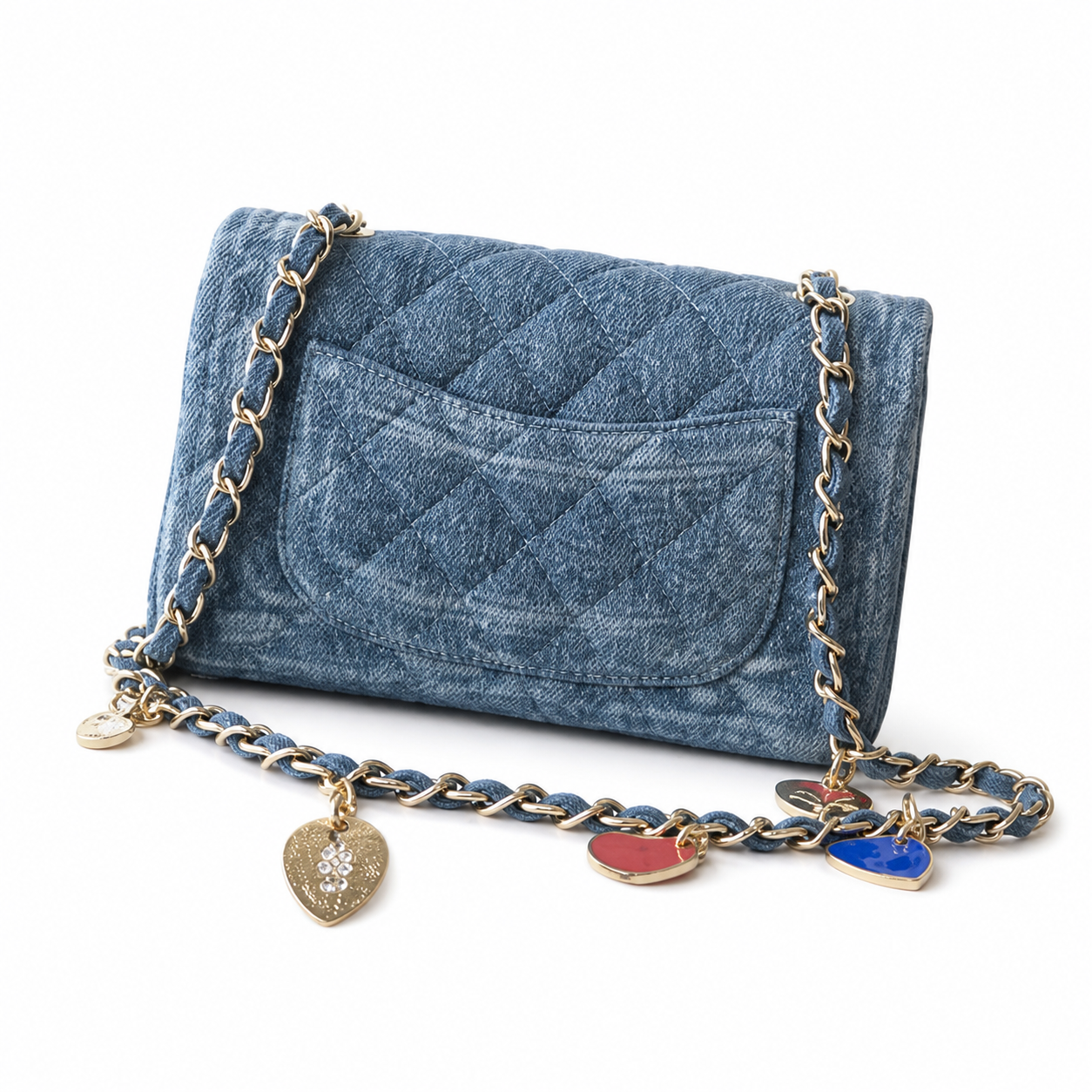 Chanel Denim Quilted Flap Bag | Heart Charm Gold Chain Blue — 20cm