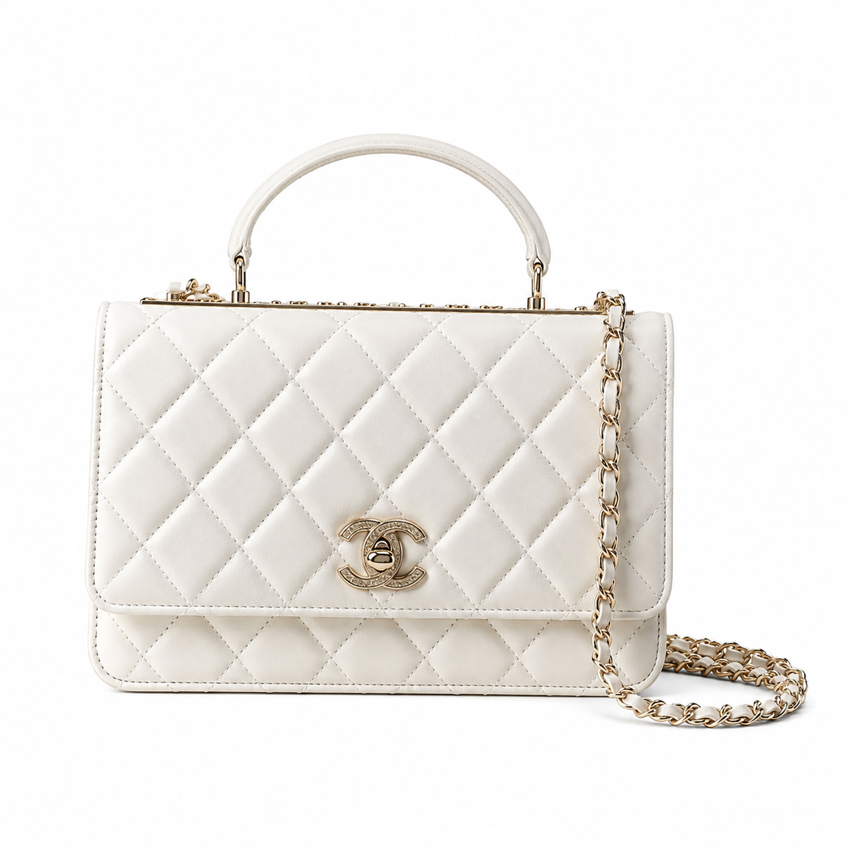 Chanel White Quilted Lambskin Flap Bag with Engraved CC & Gold Twist Rope Chain