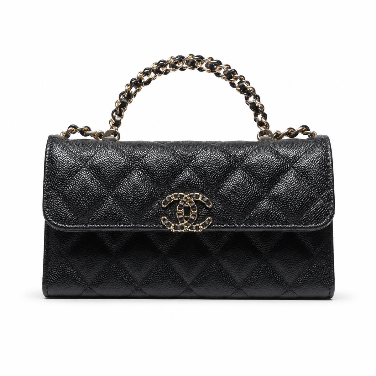 Chanel Black Caviar Quilted Mini Top Handle Flap Bag | Gold Chain-Texture CC Turn-Lock, Ball Connectors & Quilted Interior Pocket