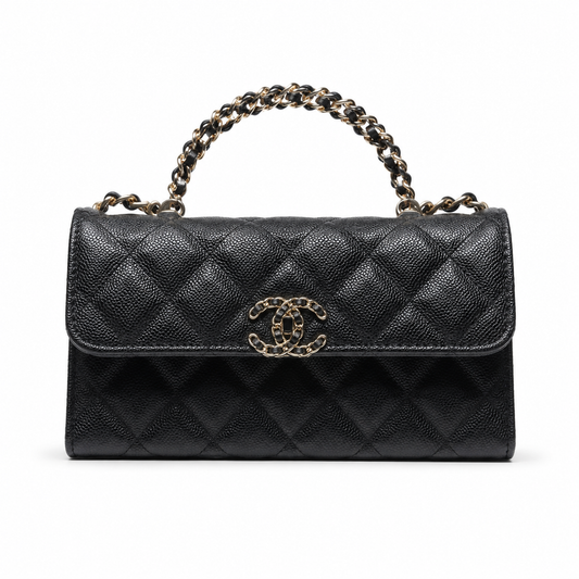 Chanel Black Caviar Quilted Mini Top Handle Flap Bag | Gold Chain-Texture CC Turn-Lock, Ball Connectors & Quilted Interior Pocket