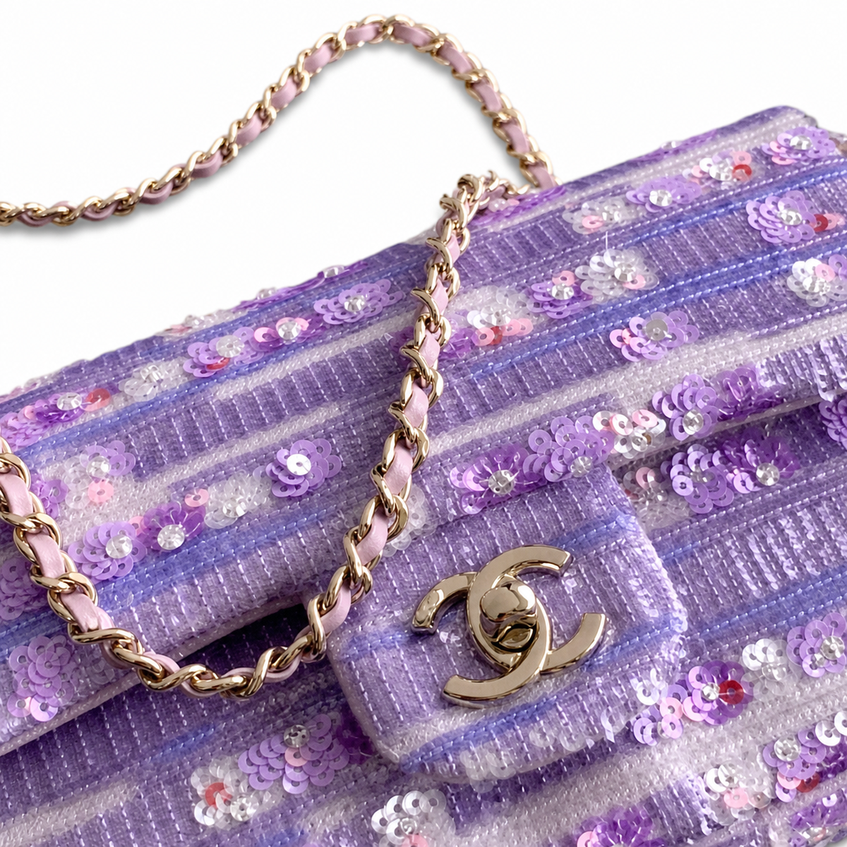 Chanel Lavender Sequin Classic Double Flap | Horizontal Shimmer & Pink Accents — 21cm