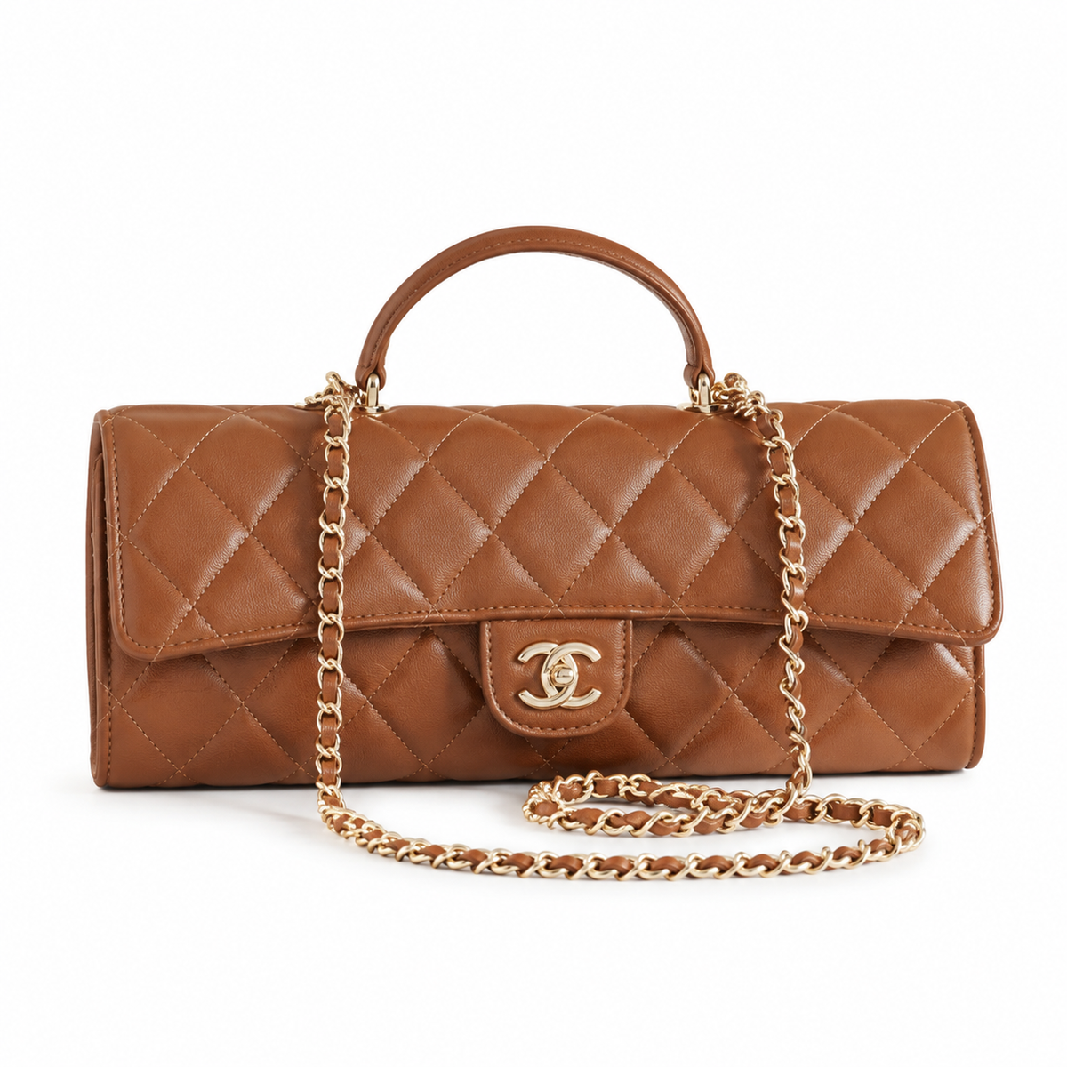 Chanel Caramel Lambskin Large-Quilted Elongated Flap Bag | Top Handle & Tonal Gold Chain