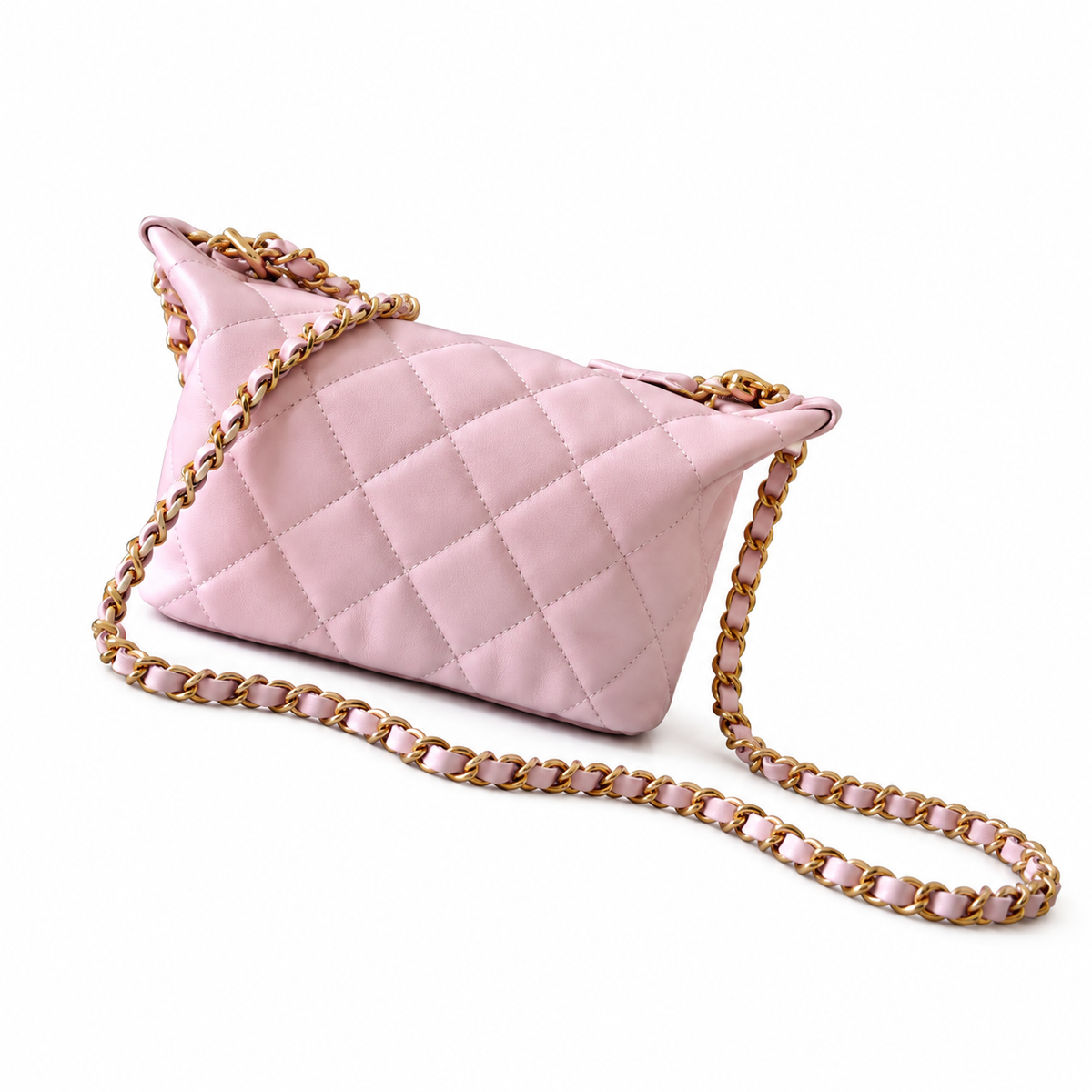 Chanel Quilted Pearl Chain Hobo Bag Pink 13×23.5×7.5cm