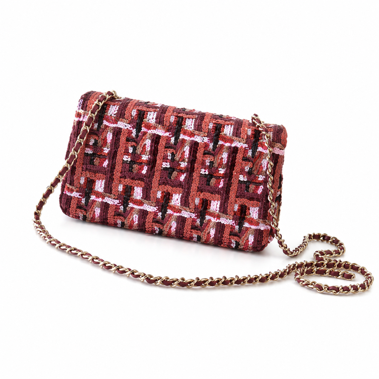 Chanel Red Tweed-Check Sequin & Burgundy Leather Flap Bag | Two-State Design, Gold CC & Full Burgundy Interior