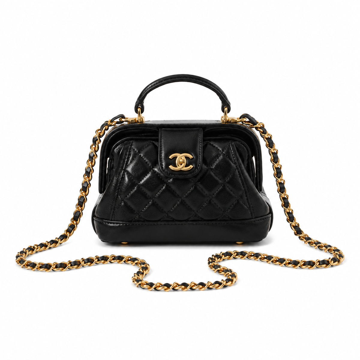 Chanel Mini Top Handle Box Bag | CC Turn-Lock Gold Chain Black — 9x13cm