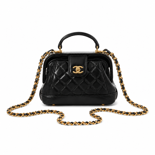 Chanel Mini Top Handle Box Bag | CC Turn-Lock Gold Chain Black — 9x13cm