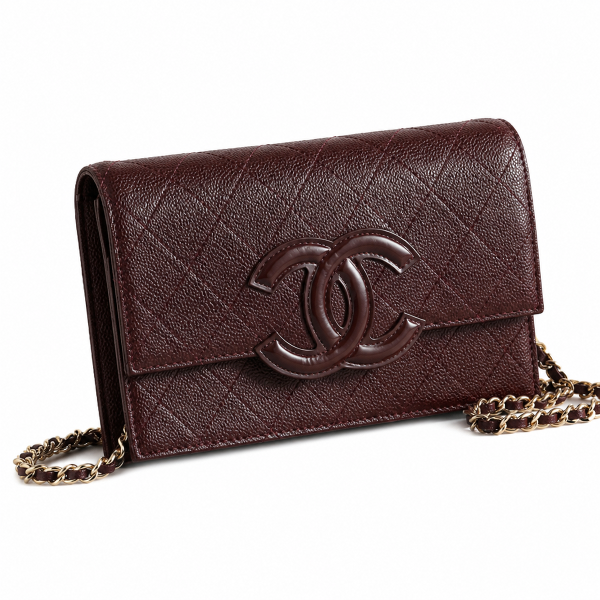 Chanel Burgundy Caviar WOC | Seam-Crossing CC & Gold Chain — 19cm