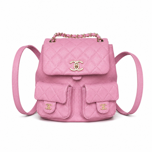 Chanel Duma Caviar Backpack | CC Turn-Lock Silver Chain Orchid Pink — 20.5x20cm